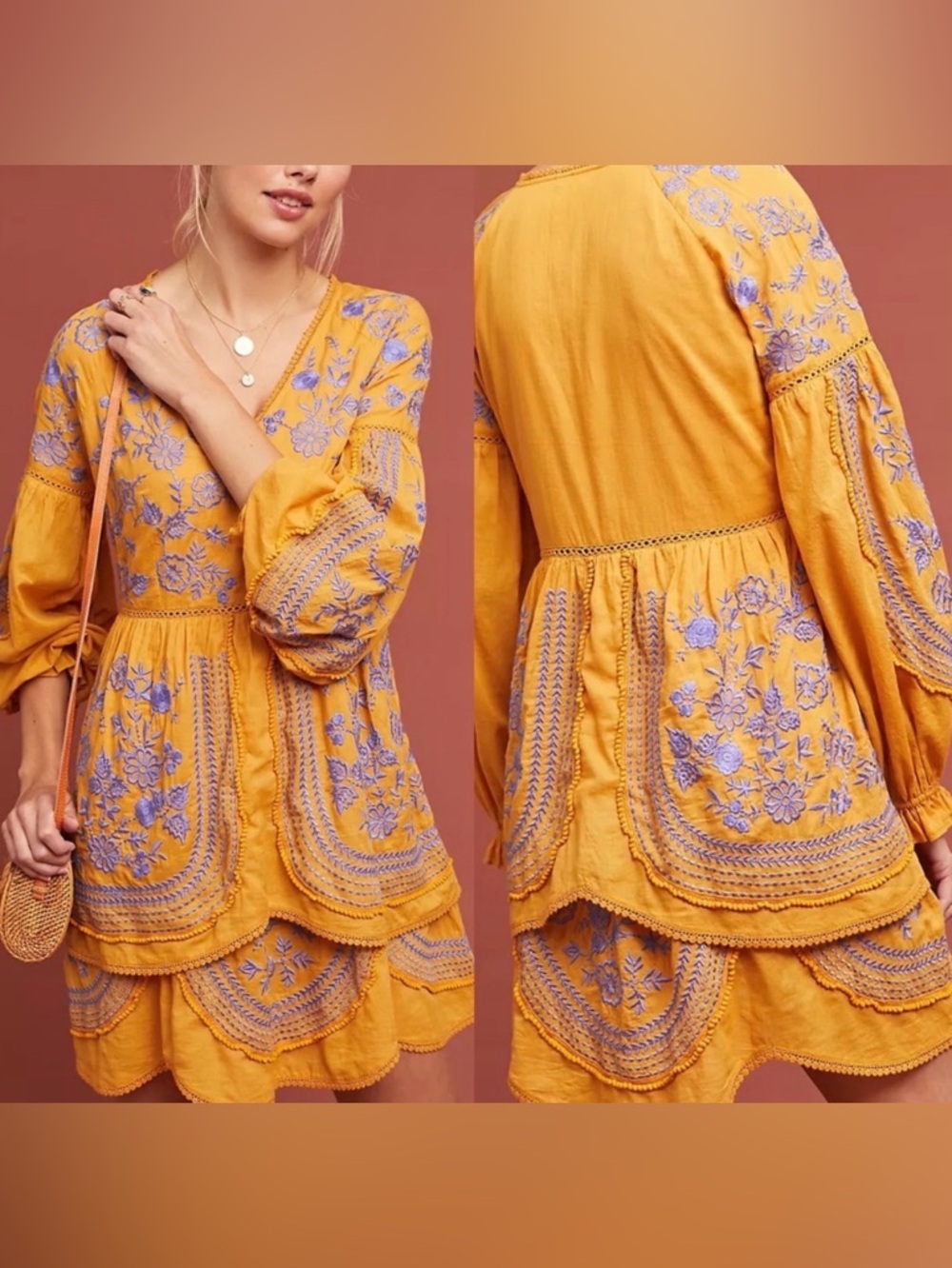 Anthropologie Meadow Rue Lisette Embroidered Tunic Dress Yellow Sz S